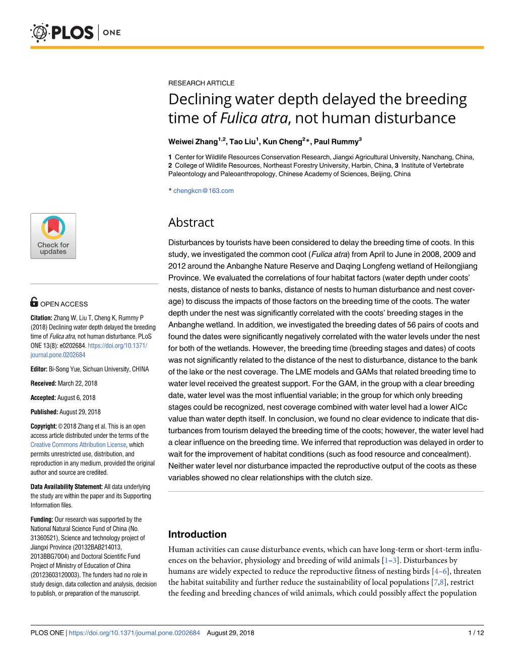 Declining Water Depth Delayed the Breeding Time of Fulica Atra, Not Human Disturbance