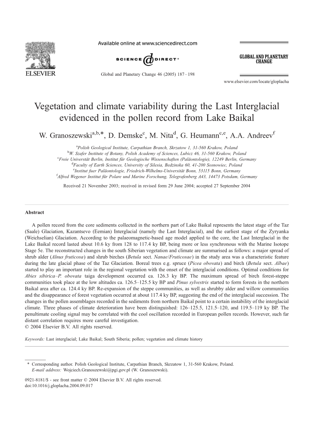 Vegetation and Climate Variability During the Last Interglacial Evidenced in the Pollen Record from Lake Baikal