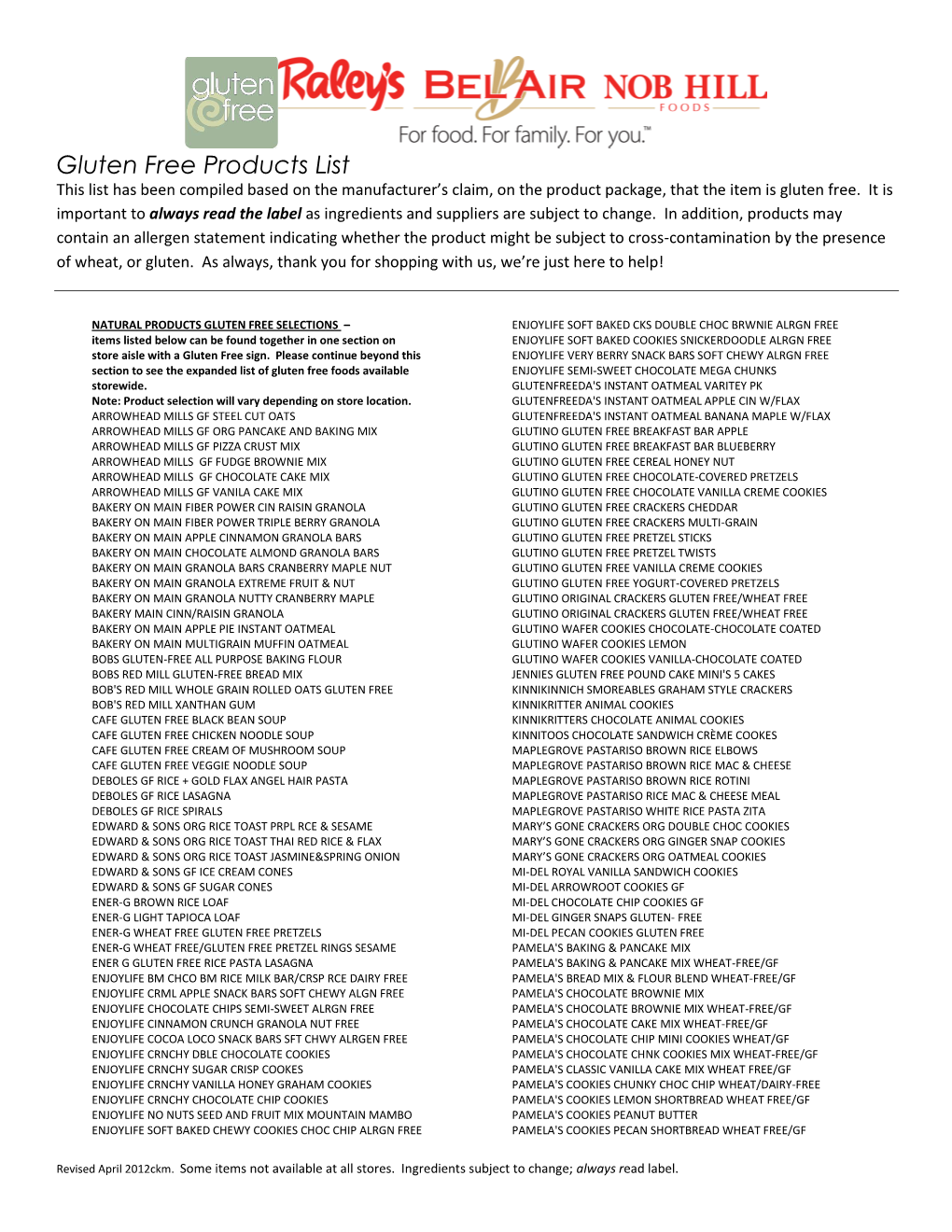 Gluten Free Products List This List Has Been Compiled Based on the Manufacturer’S Claim, on the Product Package, That the Item Is Gluten Free