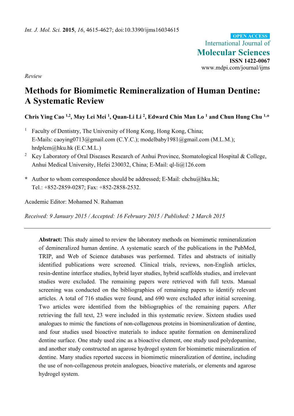 Methods for Biomimetic Remineralization of Human Dentine: a Systematic Review