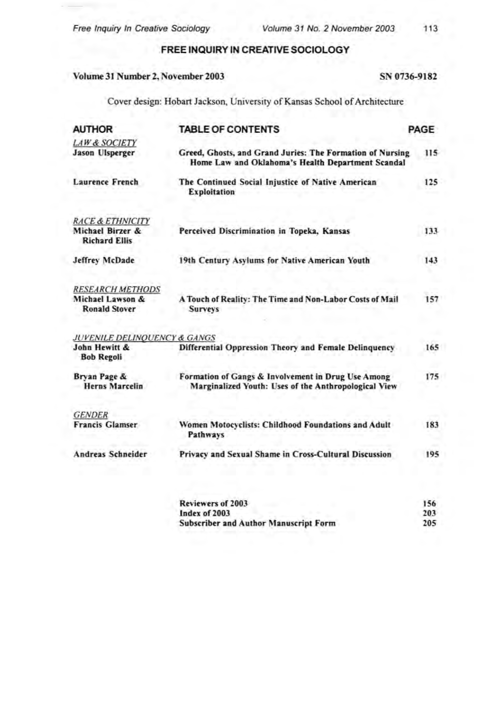 Free Inquiry in Creative Sociology Volume 31 No