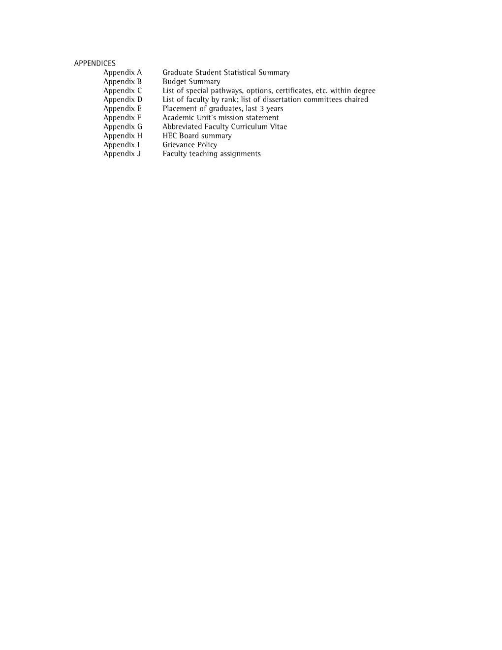 APPENDICES Appendix a Graduate Student Statistical Summary Appendix B Budget Summary Appendix C List of Special Pathways, Options, Certificates, Etc