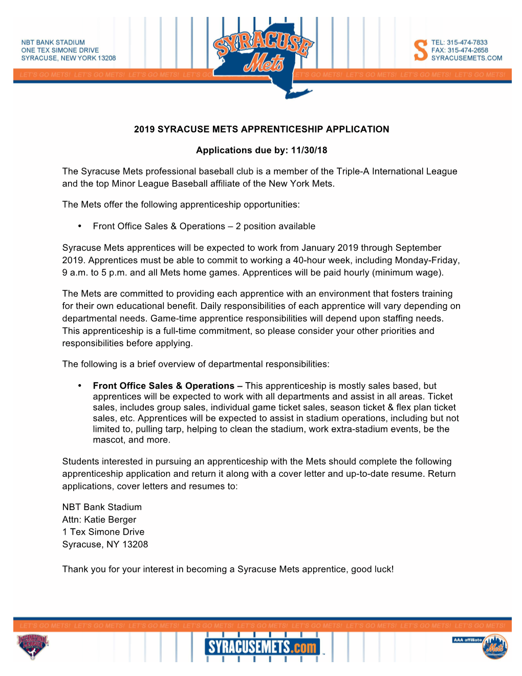 2019 SYRACUSE METS APPRENTICESHIP APPLICATION Applications Due By