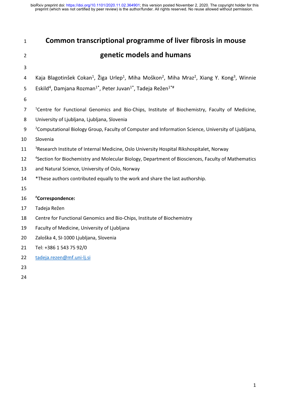 Common Transcriptional Programme of Liver Fibrosis in Mouse Genetic