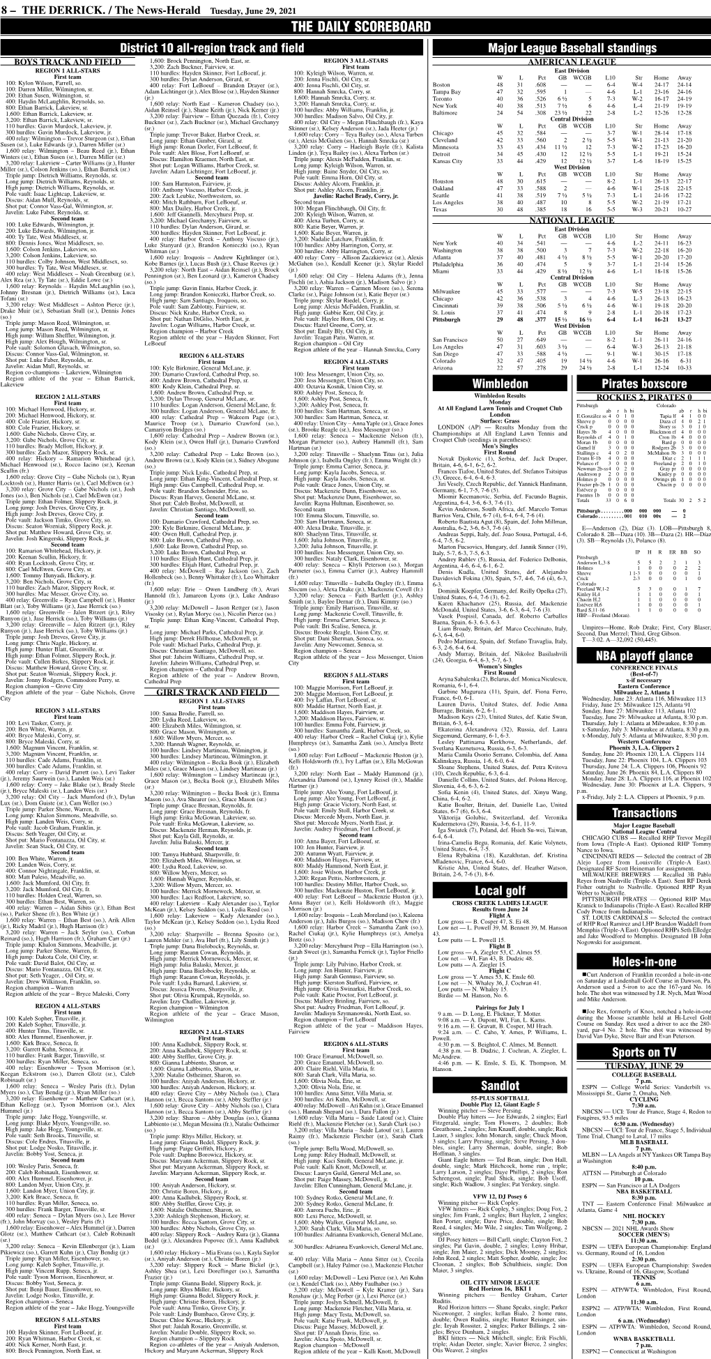 THE DAILY SCOREBOARD District 10 All-Region Track and Field Major League Baseball Standings BOYS TRACK and FIELD 1,600: Brock Pennington, North East, Sr