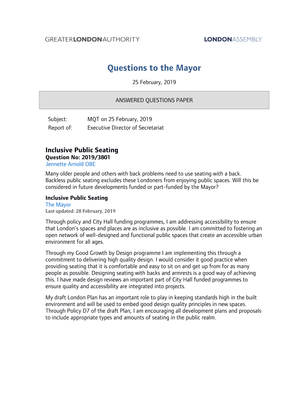 Questions to the Mayor