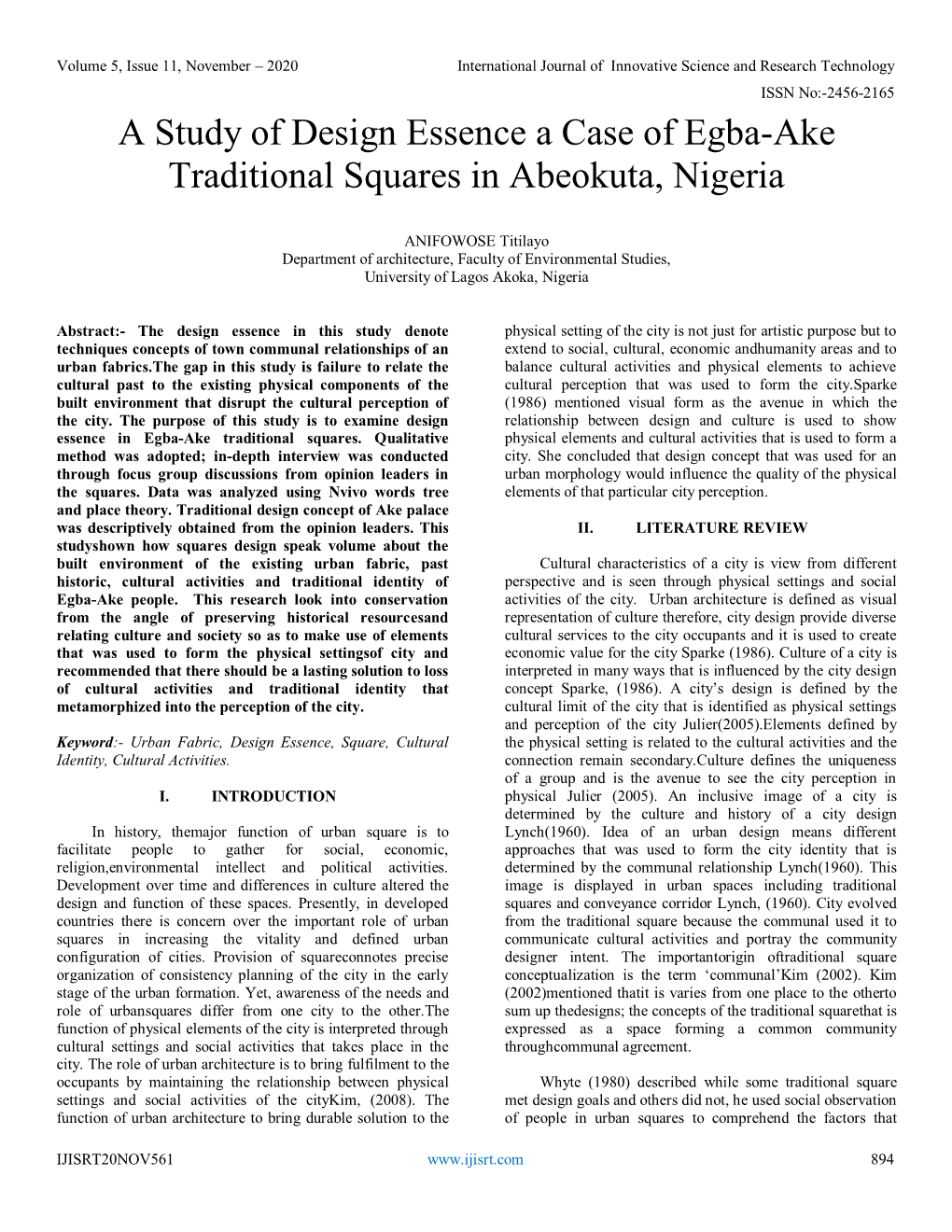 A Study of Design Essence a Case of Egba-Ake Traditional Squares in Abeokuta, Nigeria