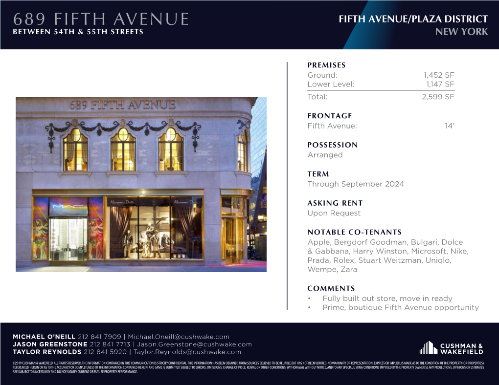 689 Fifth Avenue Fifth Avenue/Plaza District Between 54Th & 55Th Streets New York