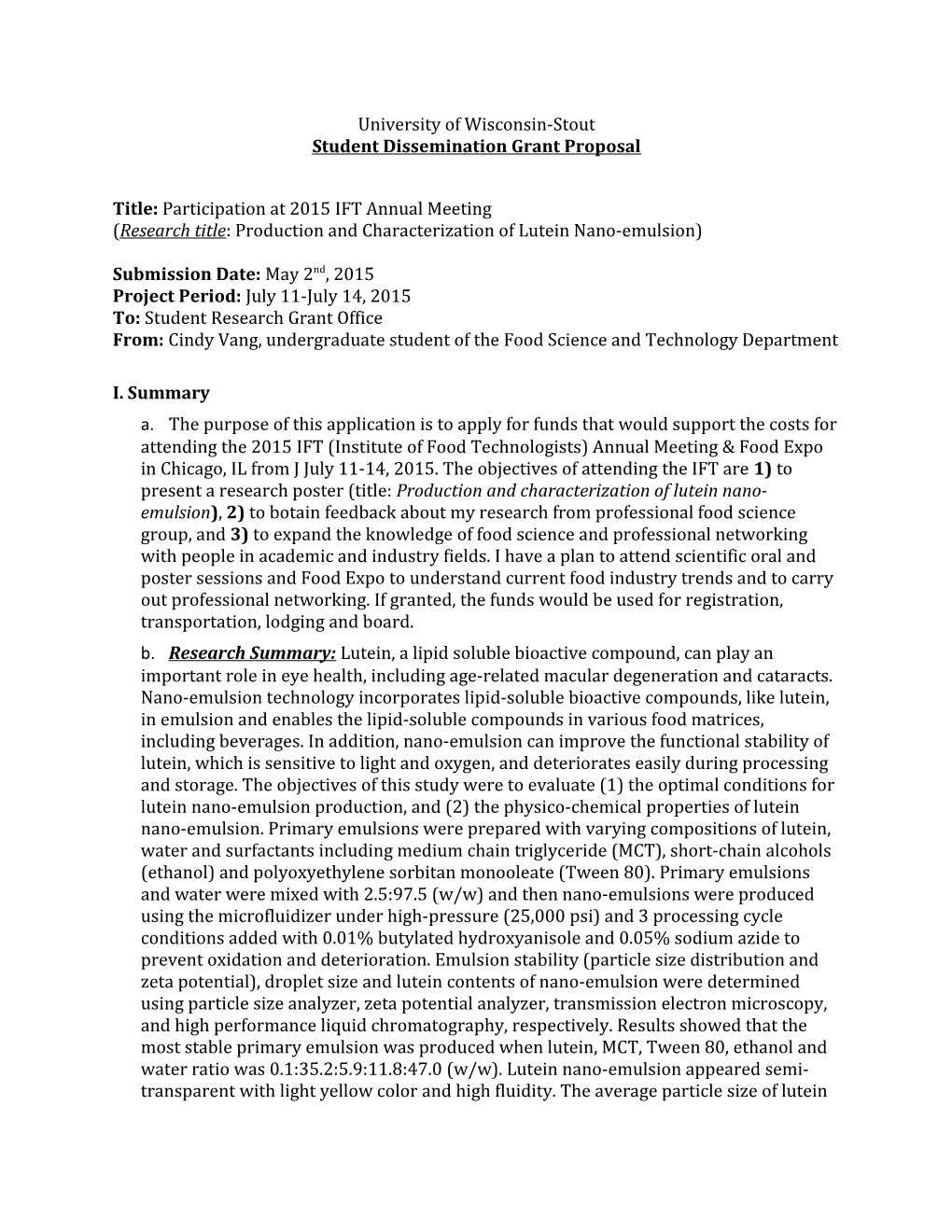 Title: Participation at 2015 IFT Annual Meeting