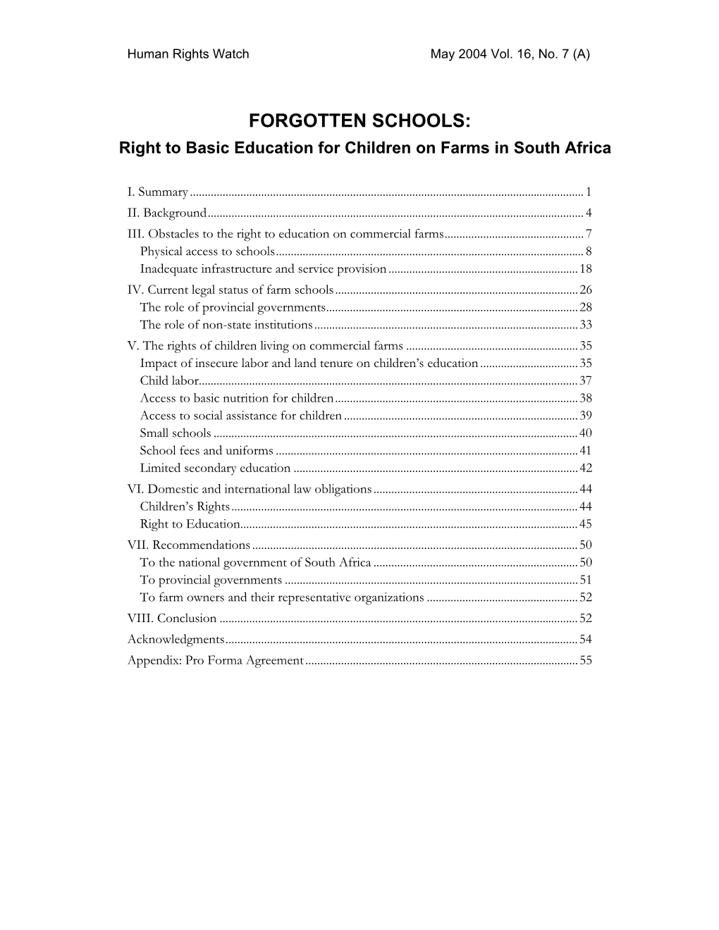 FORGOTTEN SCHOOLS: Right to Basic Education for Children on Farms in South Africa