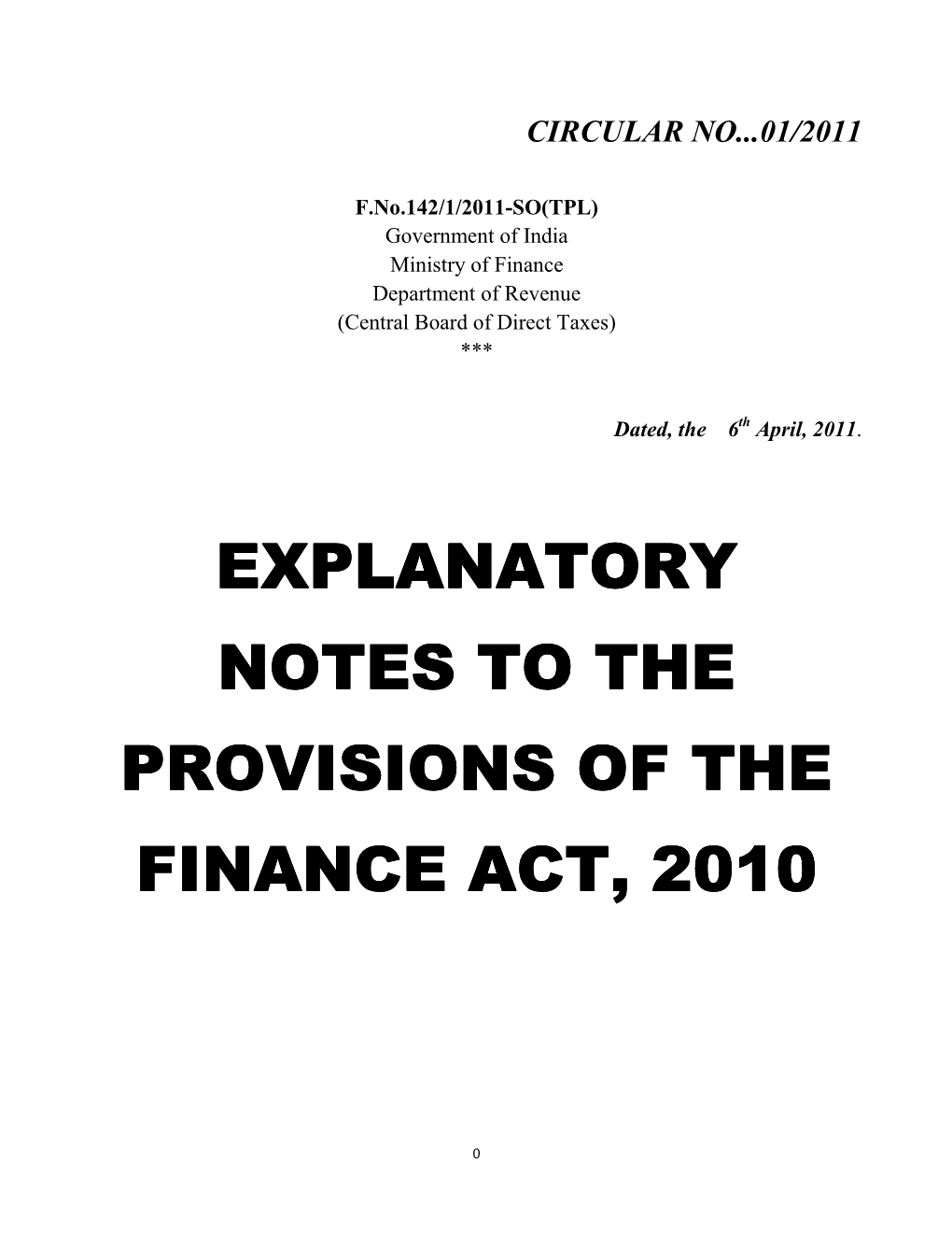 Explanatory Notes to the Provisions of the Finance Act, 2010