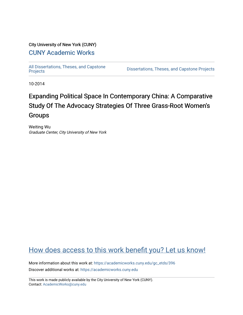 Expanding Political Space in Contemporary China: a Comparative Study of the Advocacy Strategies of Three Grass-Root Women's Groups