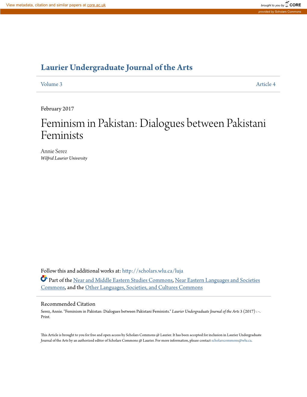 Feminism in Pakistan: Dialogues Between Pakistani Feminists Annie Serez Wilfrid Laurier University