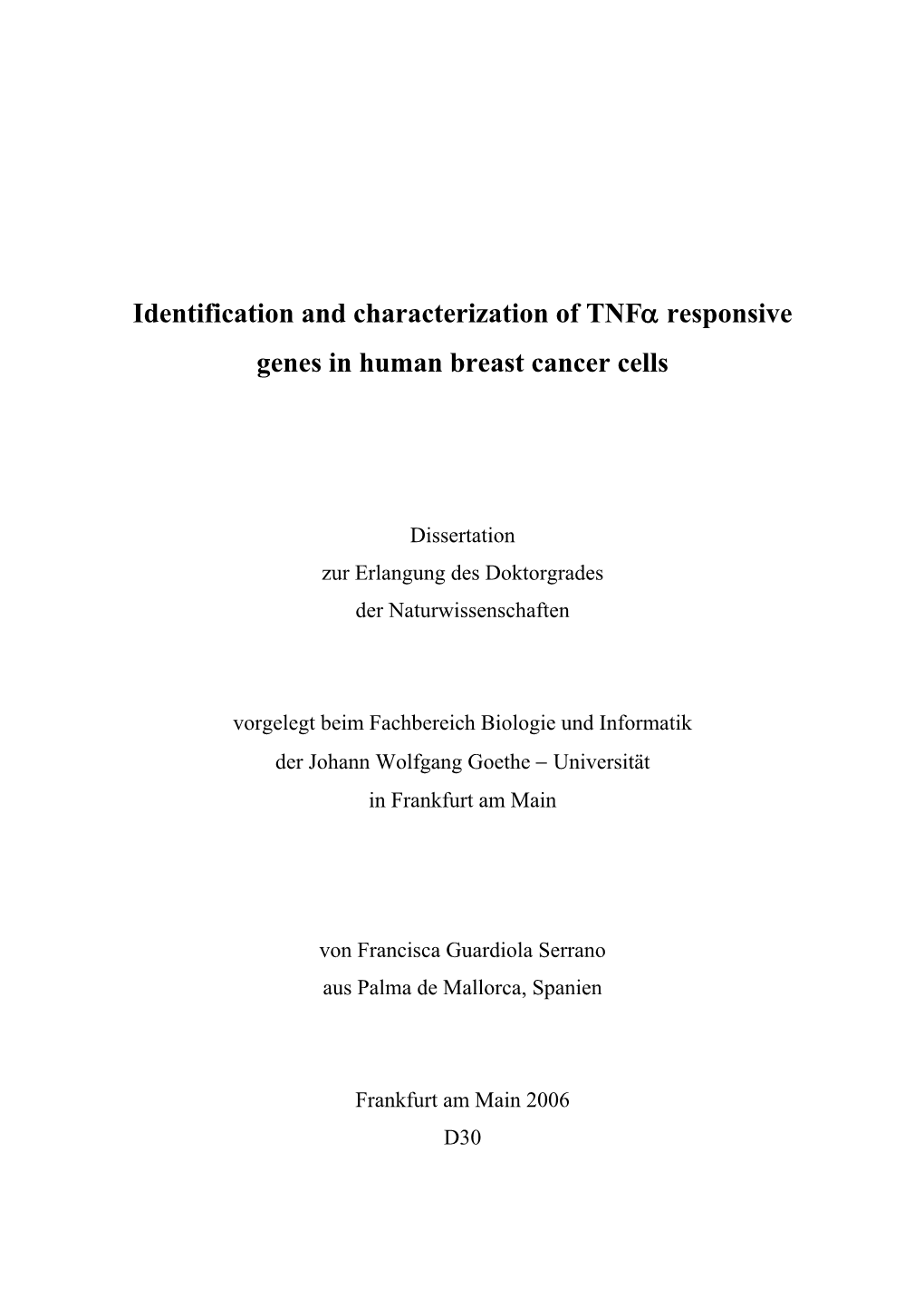 Identification and Characterization of Tnfα Responsive Genes in Human Breast Cancer Cells