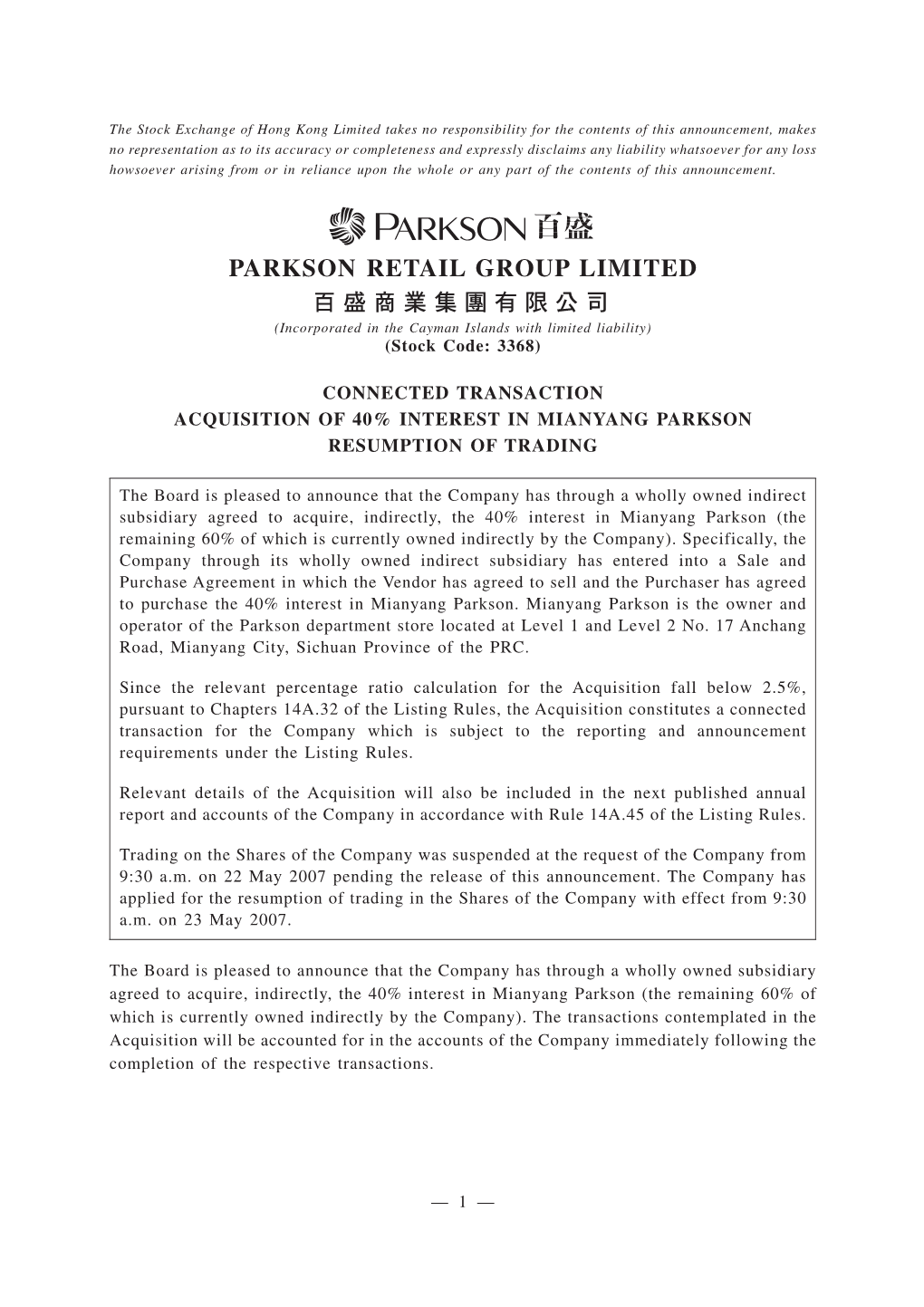 Parkson Retail Group Limited