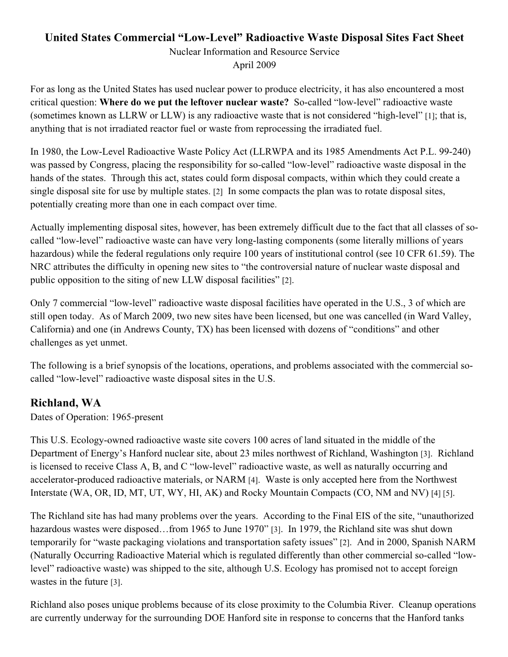 United States Commercial “Low-Level” Radioactive Waste Disposal Sites Fact Sheet Nuclear Information and Resource Service April 2009