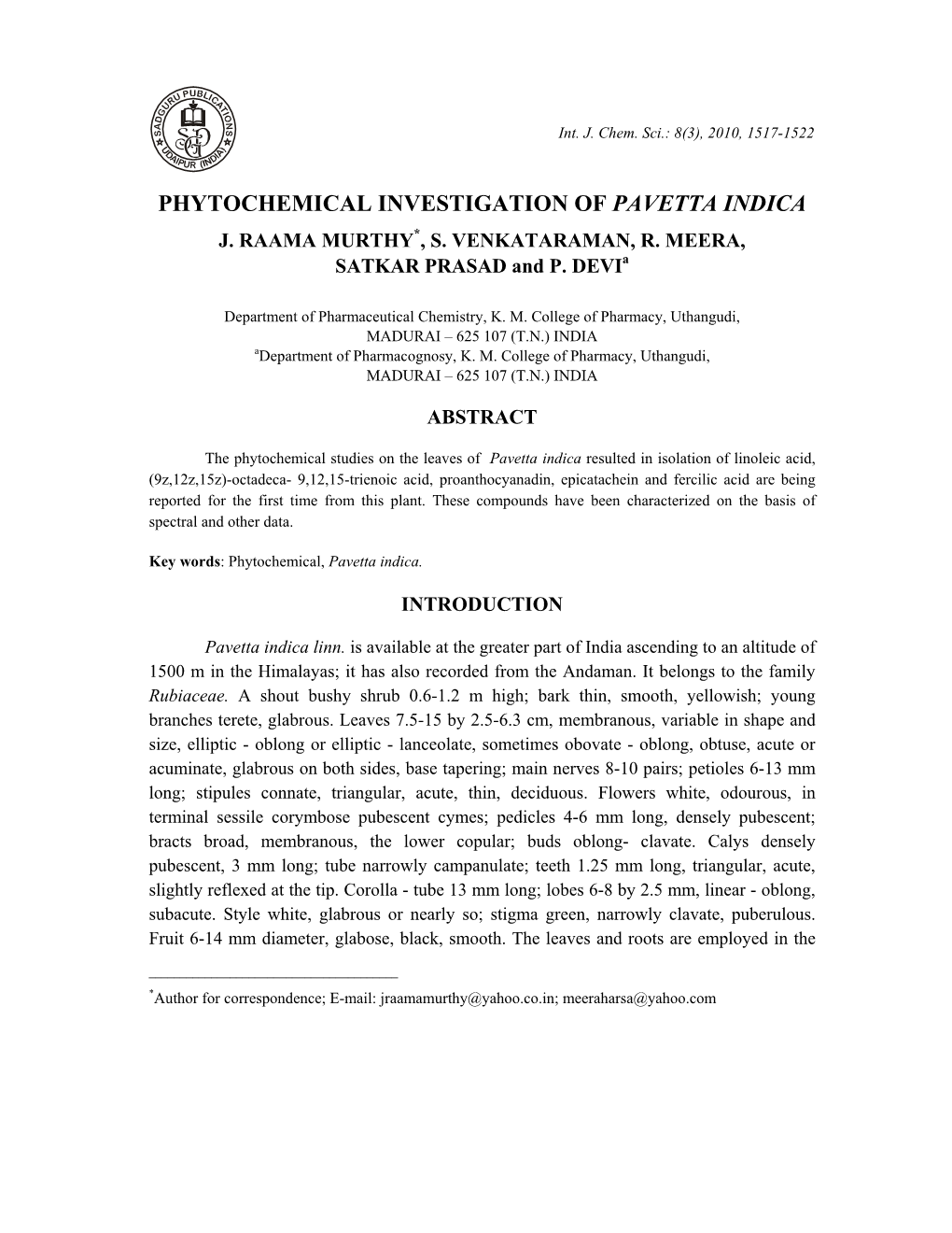 Phytochemical Investigation of Pavetta Indica J