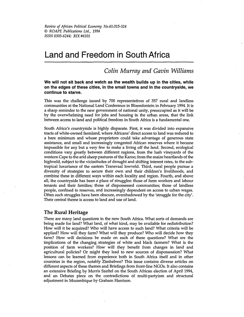 Land and Freedom in South Africa