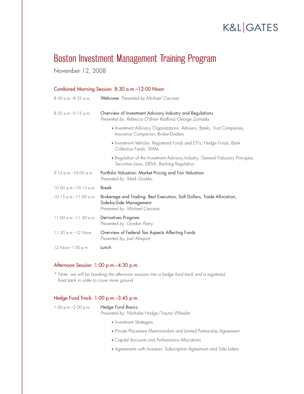 Boston Investment Management Training Program November 12, 2008