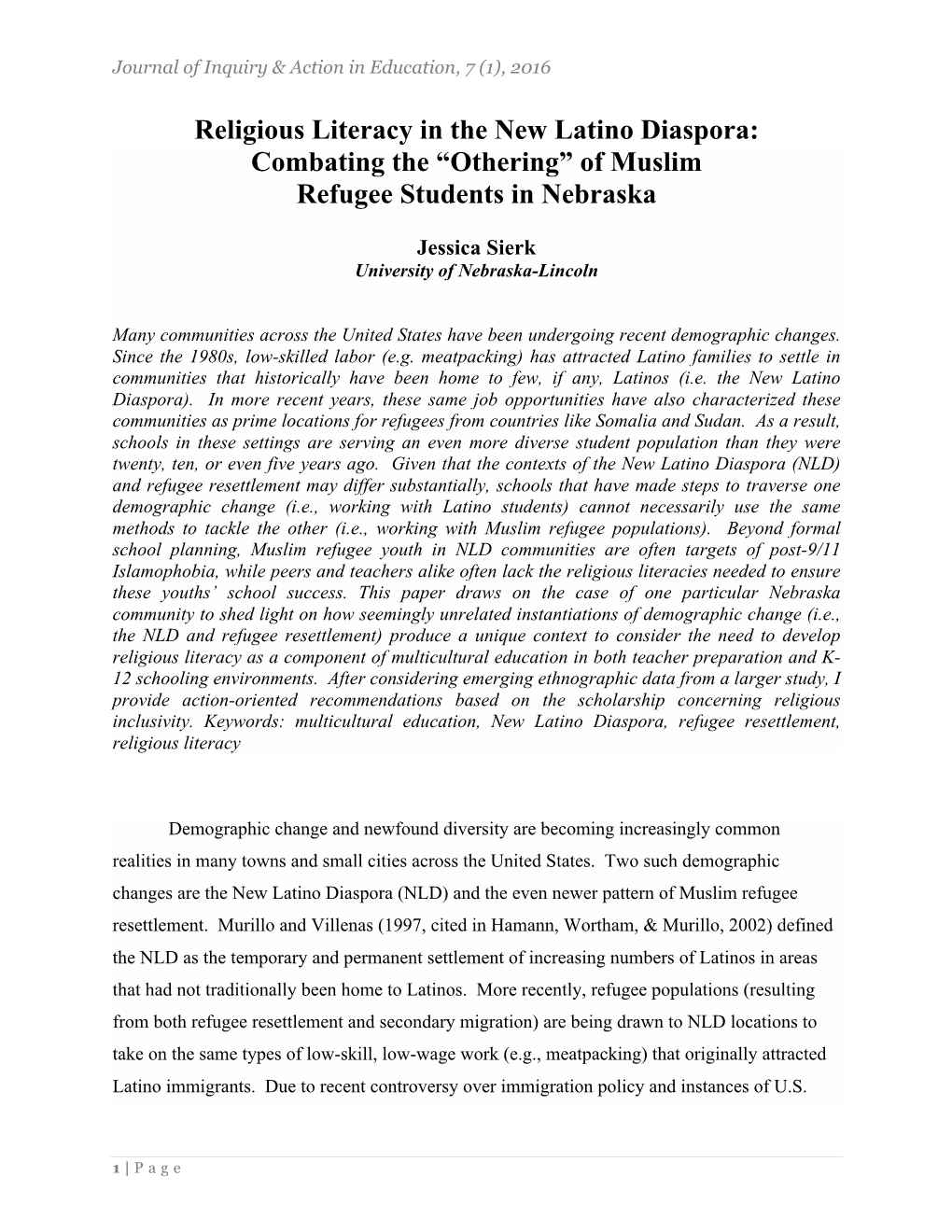 Religious Literacy in the New Latino Diaspora: Combating the “Othering” of Muslim Refugee Students in Nebraska