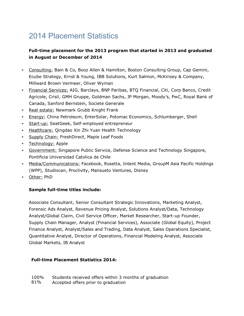 2014 Placement Statistics