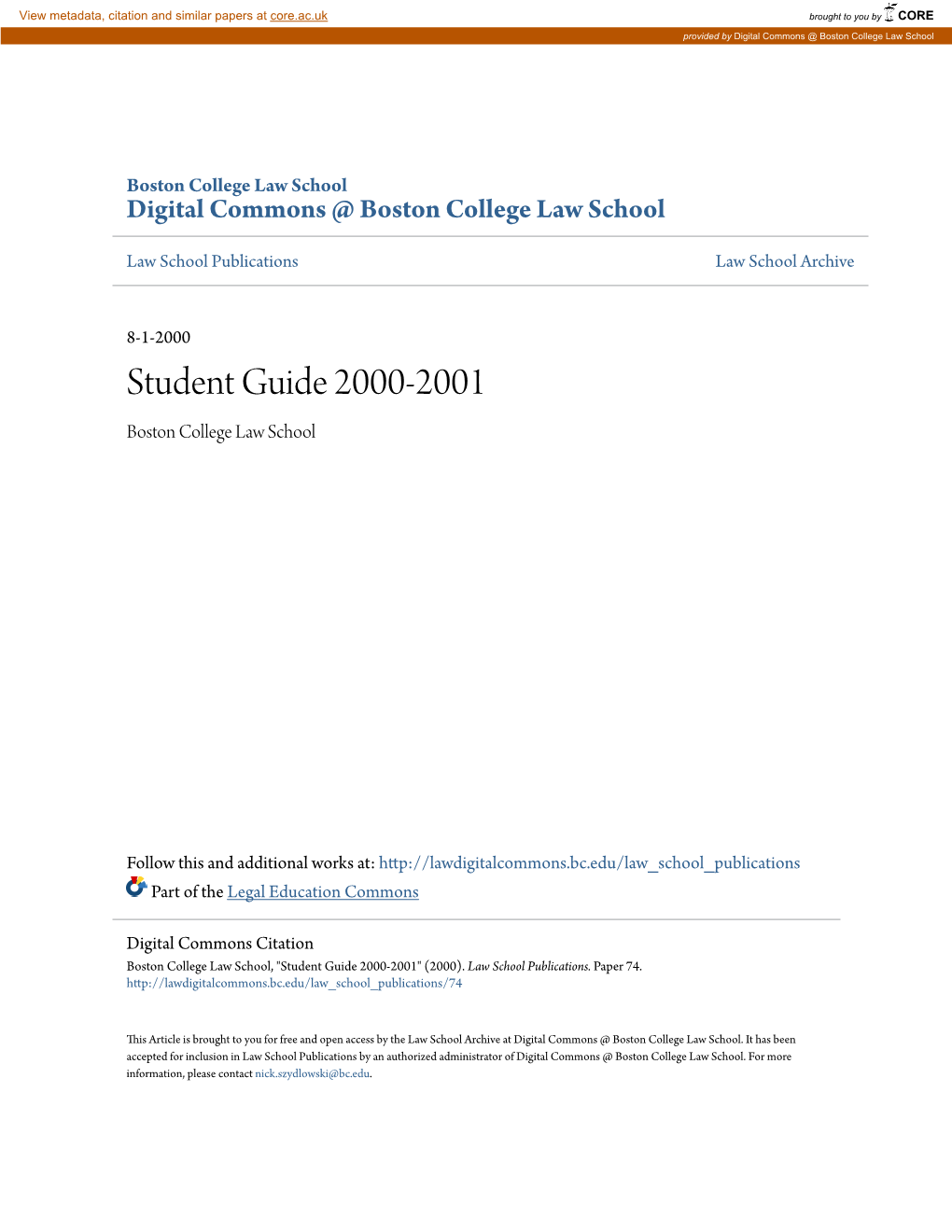 Student Guide 2000-2001 Boston College Law School