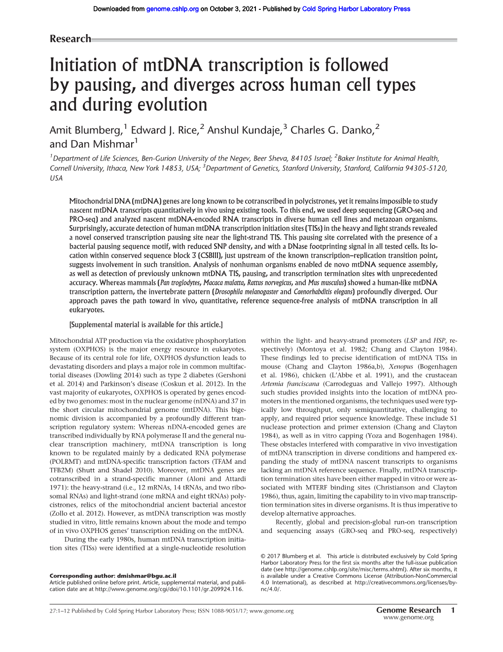 Initiation of Mtdna Transcription Is Followed by Pausing, and Diverges Across Human Cell Types and During Evolution