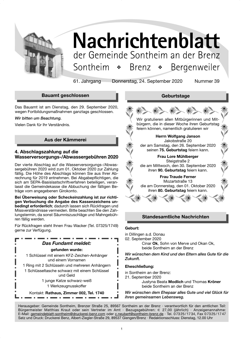 Nachrichtenblatt Sontheim - KW 39-2020 Umbruch.Qxp 23.09.20 11:43 Seite 1
