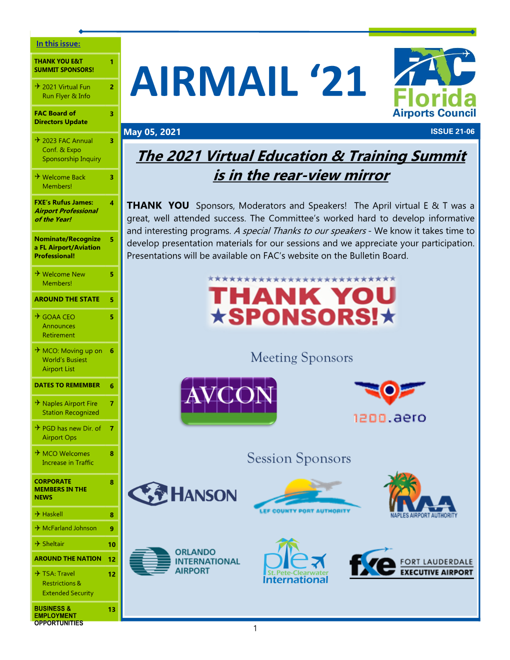 AIRMAIL ‘21 FAC Board of 3 Directors Update May 05, 2021 Issueissue 21 21-06-06  2023 FAC Annual 3 Conf