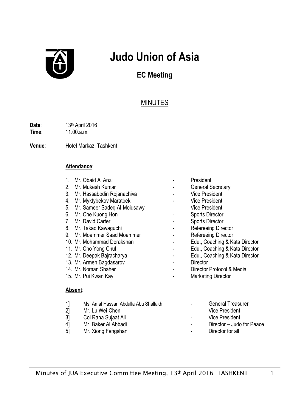Minutes of JUA Executive Committee Meeting, 13Th April 2016 TASHKENT 1