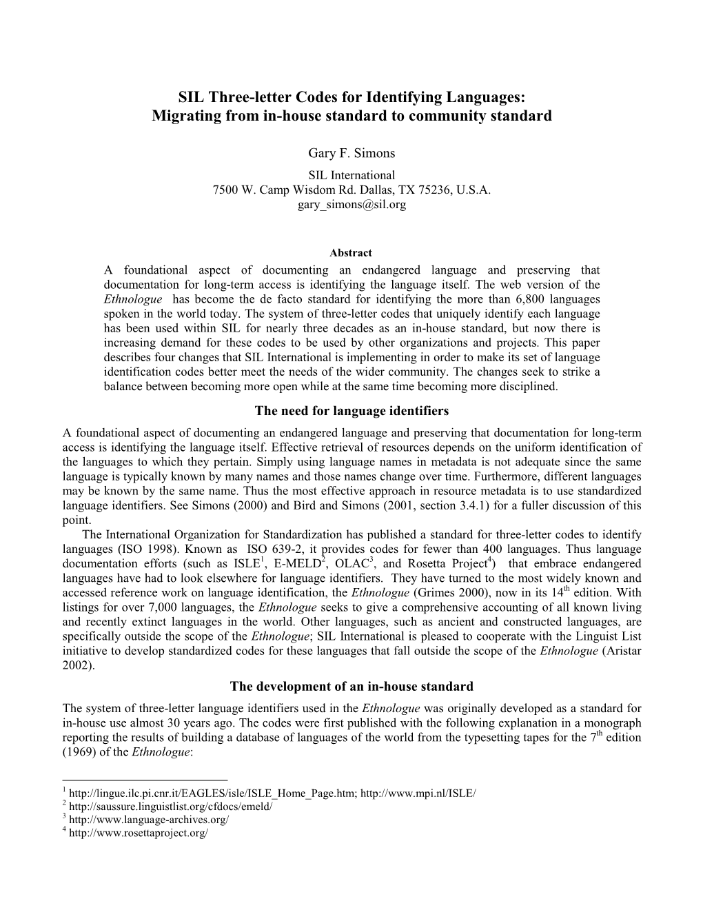 SIL Three-Letter Codes for Identifying Languages: Migrating from In-House Standard to Community Standard