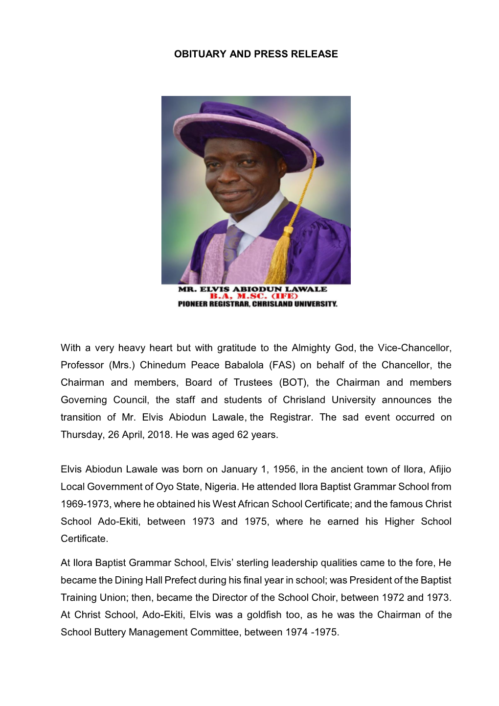 Announcement of Transition of Mr Lawale Registrar Chrisland Uni.Pdf