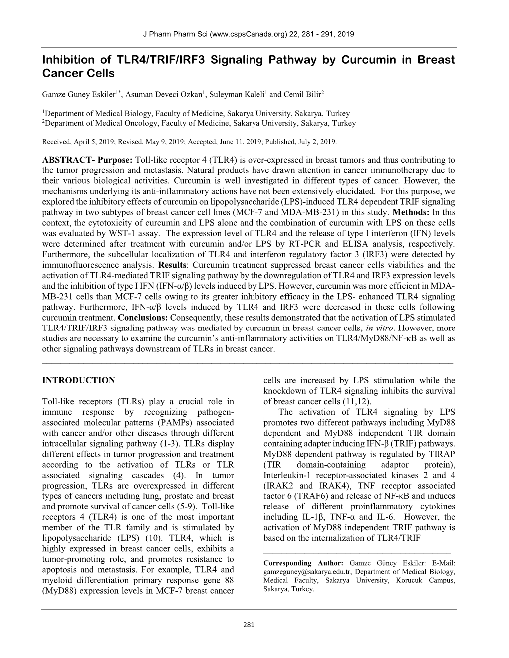 Inhibition of TLR4/TRIF/IRF3 Signaling Pathway by Curcumin in Breast Cancer Cells