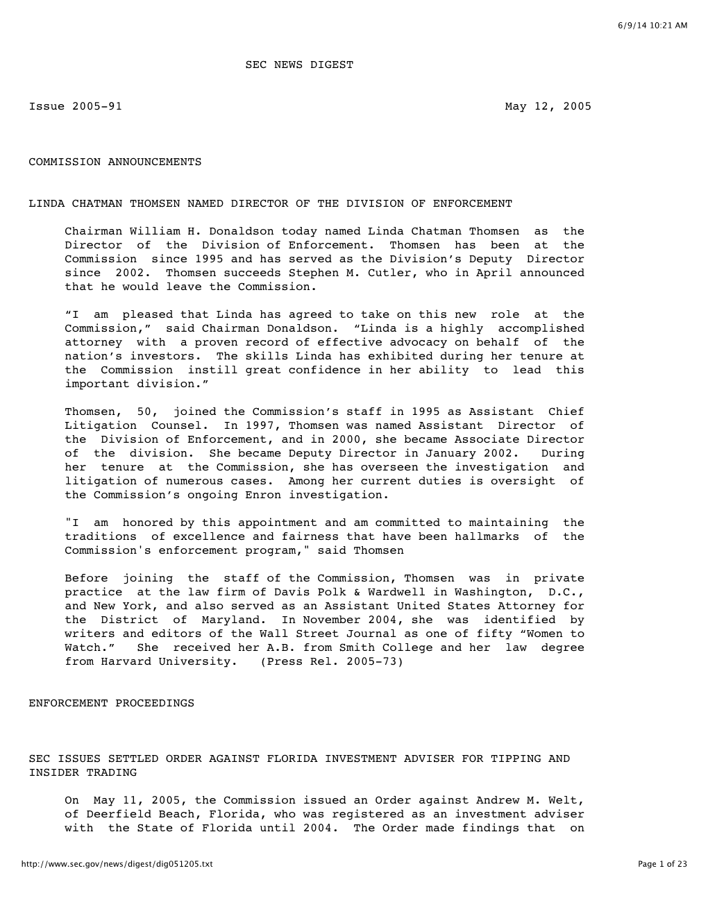 SEC NEWS DIGEST Issue 2005-91 May 12, 2005 COMMISSION