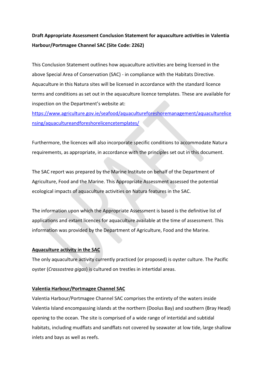 Draft Appropriate Assessment Conclusion Statement for Aquaculture Activities in Valentia Harbour/Portmagee Channel SAC (Site Code: 2262)