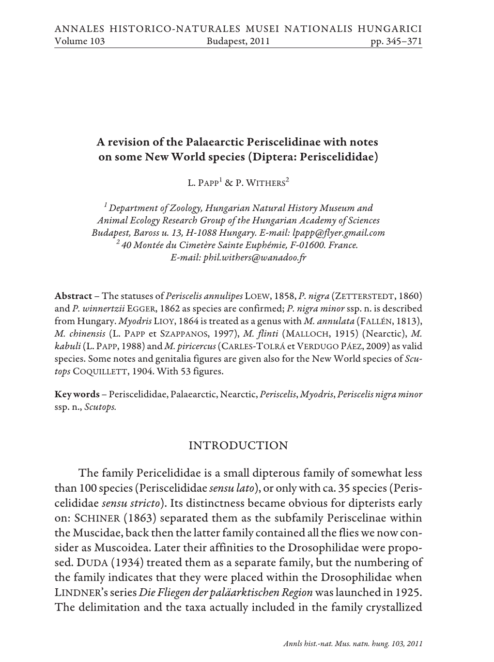 A Revision of the Palaearctic Periscelidinae with Notes on Some New World Species (Diptera: Periscelididae)