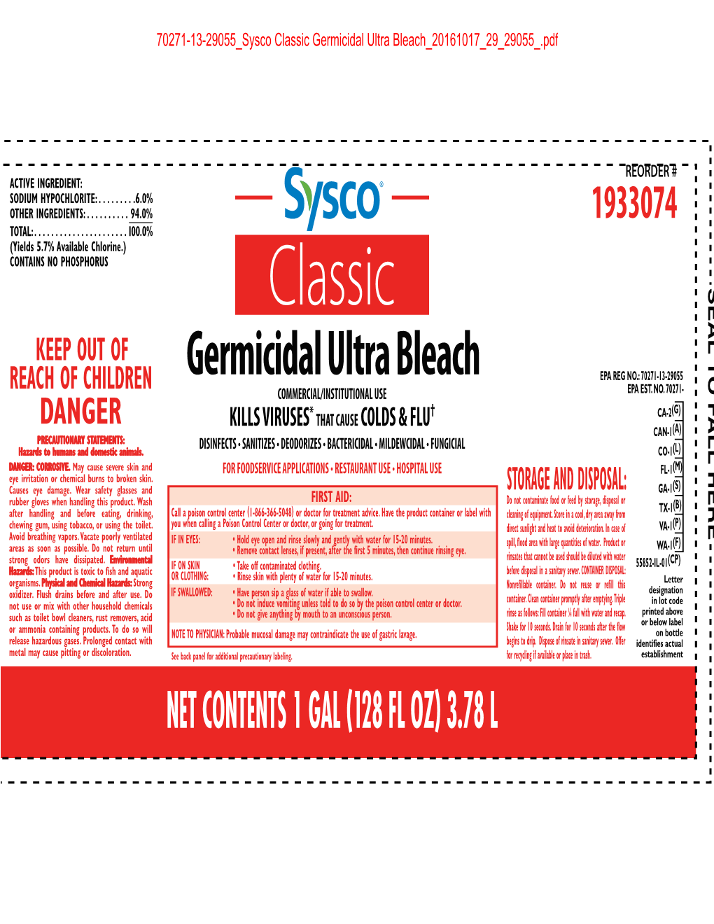 Sysco Classic Germicidal Ultra Bleach 20161017 29 29055 .Pdf