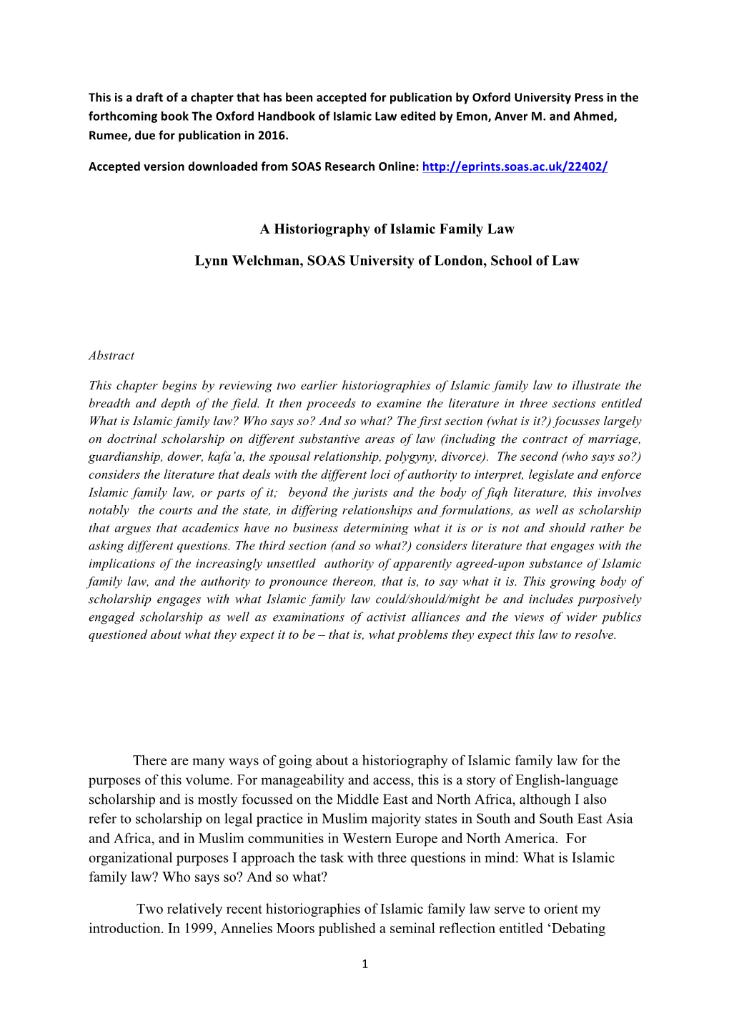 A Historiography of Islamic Family Law Lynn Welchman, SOAS