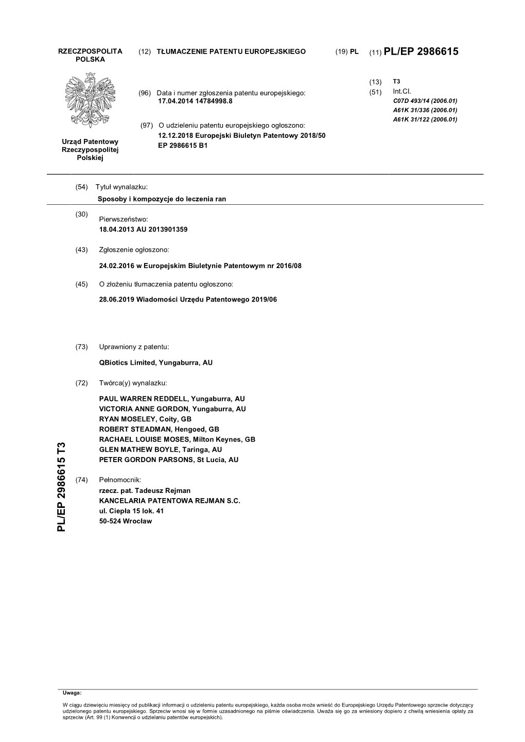Tłumaczenie Patentu Europejskiego (19) Pl (11) Pl/Ep 2986615 Polska