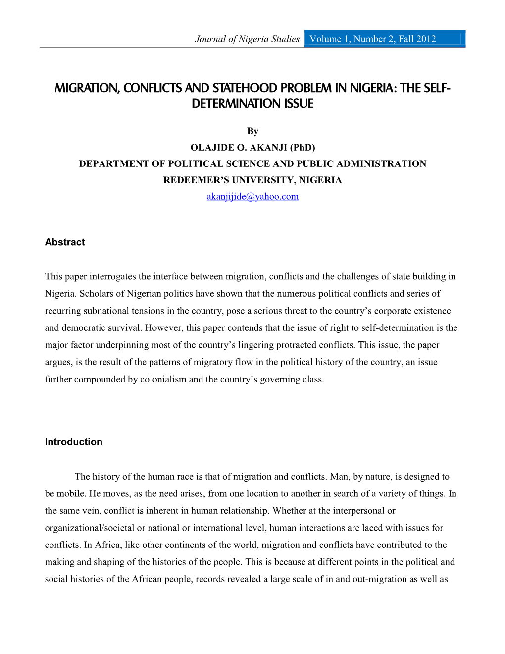 Migration, Conflicts and Statehood Problem in Nigeria: the Self- Determination Issue