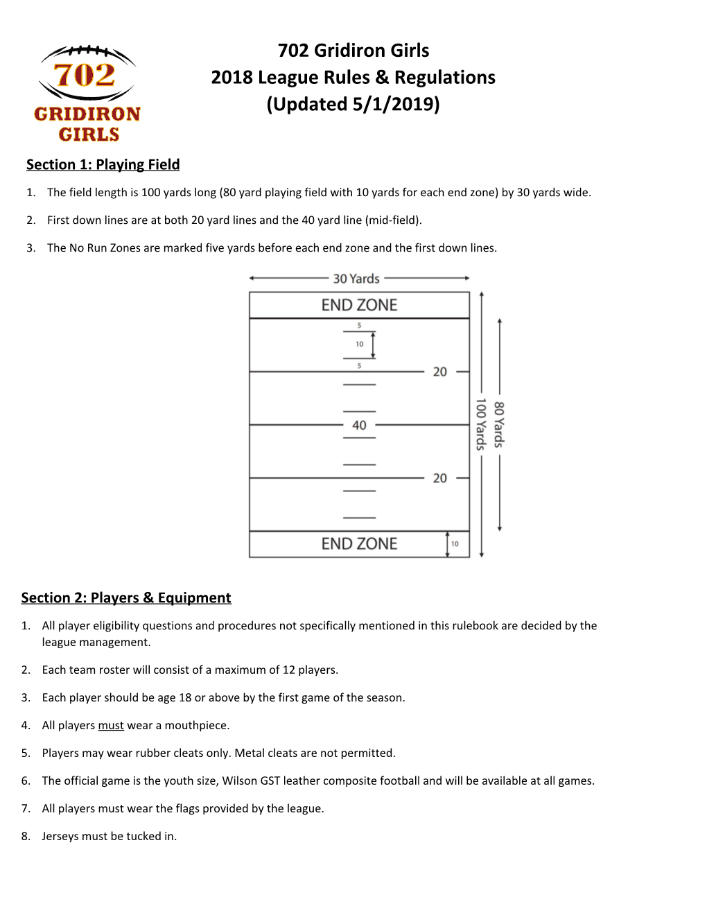 702 Gridiron Girls 2018 League Rules & Regulations