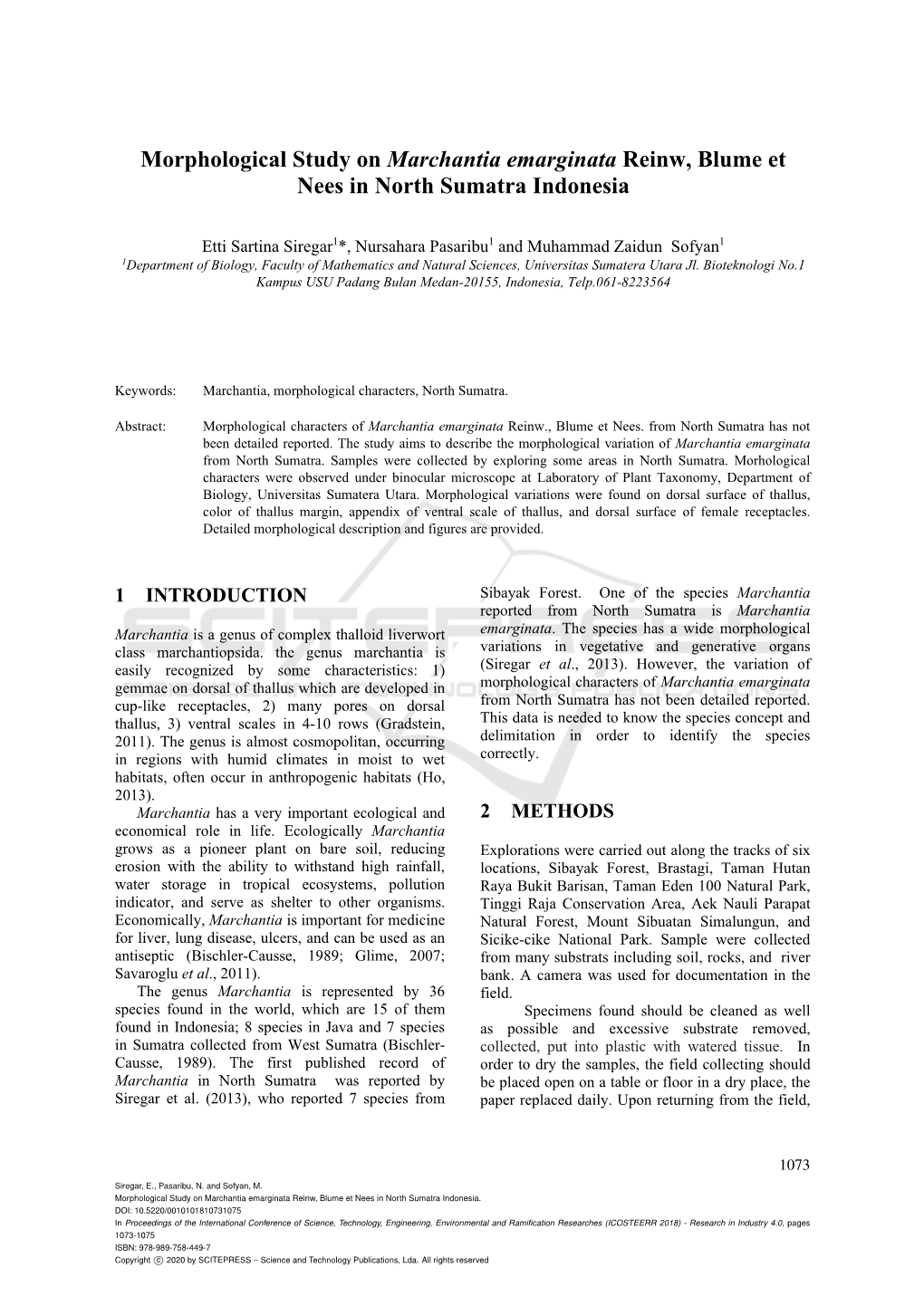 Morphological Study on Marchantia Emarginata Reinw, Blume Et Nees in North Sumatra Indonesia