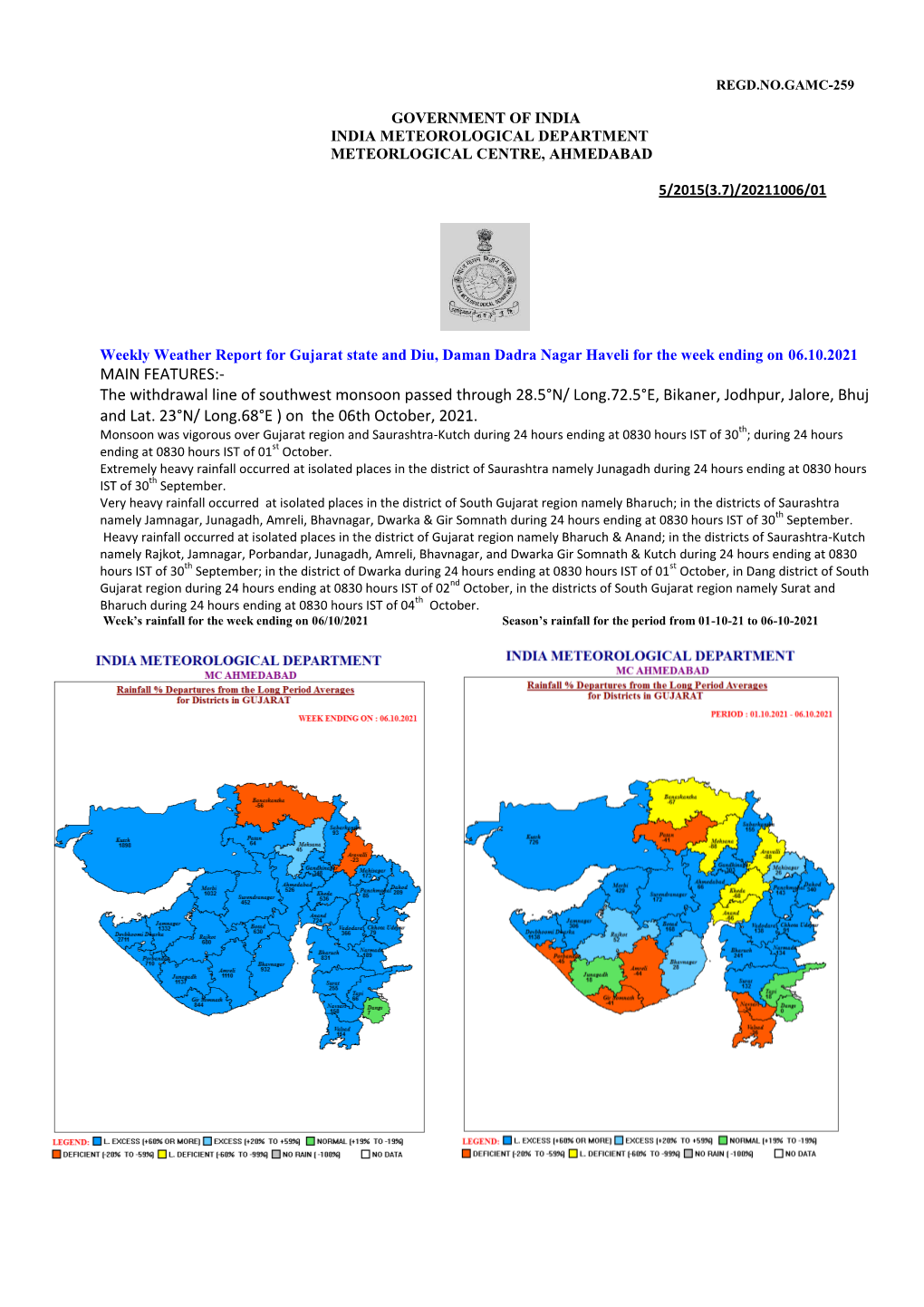 GOVERNMENT of INDIA INDIA METEOROLOGICAL DEPARTMENT METEORLOGICAL CENTRE, AHMEDABAD 5/2015(3.7)/20210825/01 Weekly Weather Repor