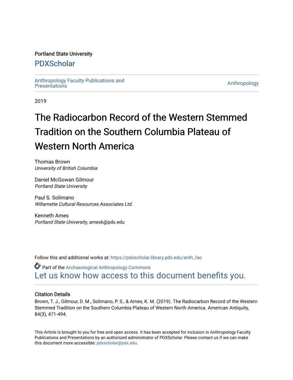 The Radiocarbon Record of the Western Stemmed Tradition on the Southern Columbia Plateau of Western North America