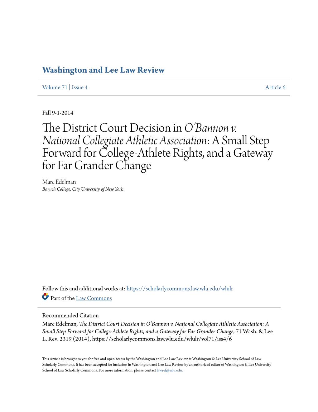 O'bannon V. National Collegiate Athletic Association</Em>