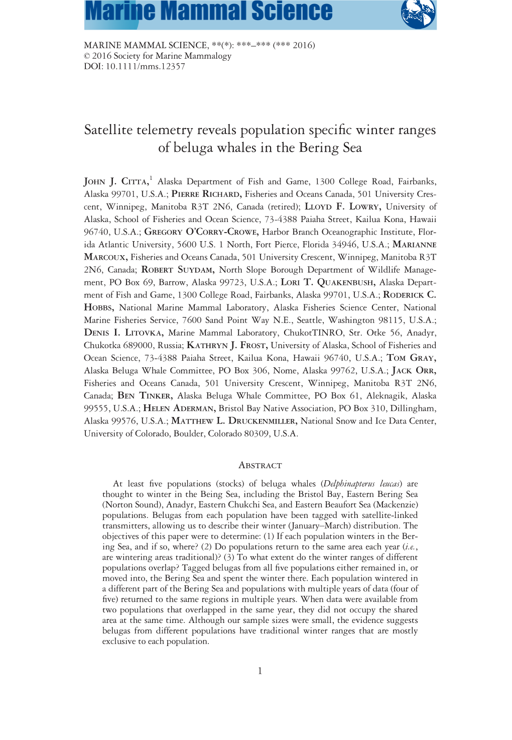 Satellite Telemetry Reveals Population Specific Winter Ranges of Beluga