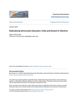 Radicalizing Democratic Education: Unity and Dissent in Wartime