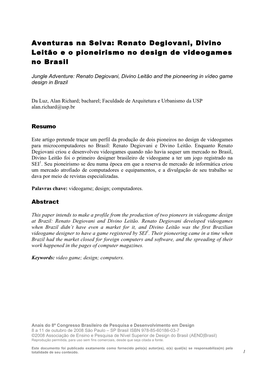 Aventuras Na Selva: Renato Degiovani, Divino Leitão E O Pioneirismo No Design De Videogames No Brasil