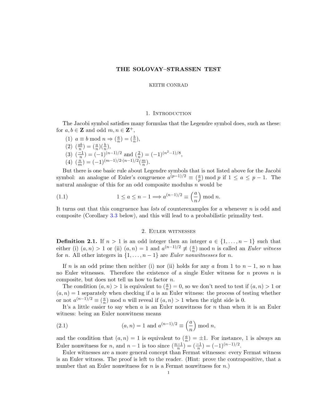 THE SOLOVAY–STRASSEN TEST 1. Introduction the Jacobi Symbol