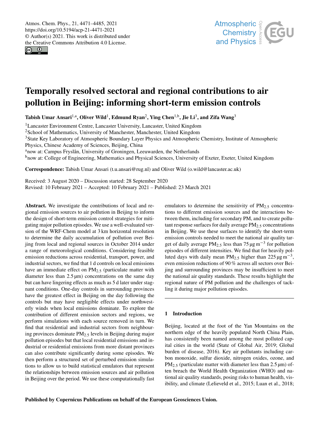 Temporally Resolved Sectoral and Regional Contributions to Air Pollution in Beijing: Informing Short-Term Emission Controls